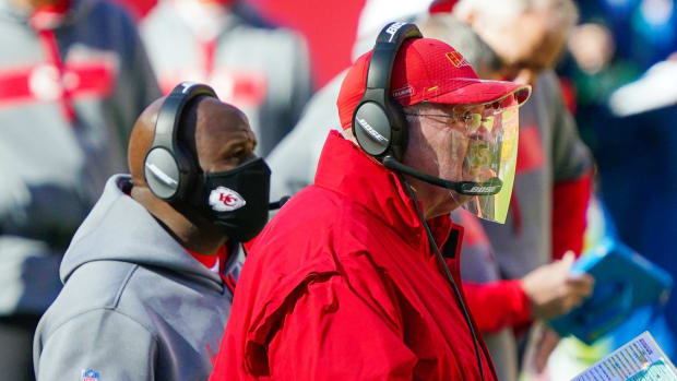 Nov 1, 2020; Kansas City, Missouri, USA; Kansas City Chiefs head coach Andy Reid and offensive coordinator Eric Bieniemy look on from the sideline during the first half against the New York Jets at Arrowhead Stadium. Mandatory Credit: Jay Biggerstaff-USA TODAY Sports
