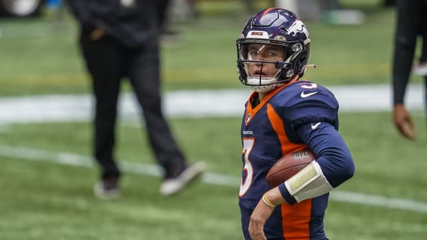 Denver Broncos quarterback Drew Lock (3) on the field prior to the game against the Atlanta Falcons at Mercedes-Benz Stadium.