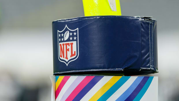 Oct 5, 2020; Green Bay, Wisconsin, USA; NFL logo on goalpost padding during the game between the Atlanta Falcons and Green Bay Packers at Lambeau Field. Mandatory Credit: Jeff Hanisch-USA TODAY Sports
