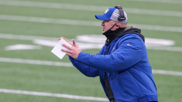 Nov 15, 2020; East Rutherford, New Jersey, USA; New York Giants head coach Joe Judge coaches during the first half against the Philadelphia Eagles at MetLife Stadium.