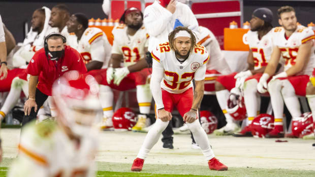 Nov 22, 2020; Paradise, Nevada, USA; Kansas City Chiefs safety Tyrann Mathieu (32) reacts on the sidelines in the fourth quarter against the Las Vegas Raiders at Allegiant Stadium. Mandatory Credit: Mark J. Rebilas-USA TODAY Sports