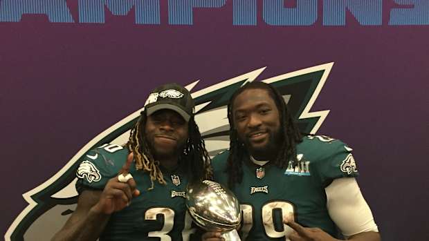 LeGarrette Blunt (right) with Jay Ajayi after Super Bowl LII win