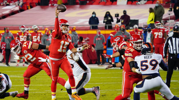 Dec 6, 2020; Kansas City, Missouri, USA; Kansas City Chiefs quarterback Patrick Mahomes (15) throws a pass during the first half against the Denver Broncos at Arrowhead Stadium. Mandatory Credit: Jay Biggerstaff-USA TODAY Sports