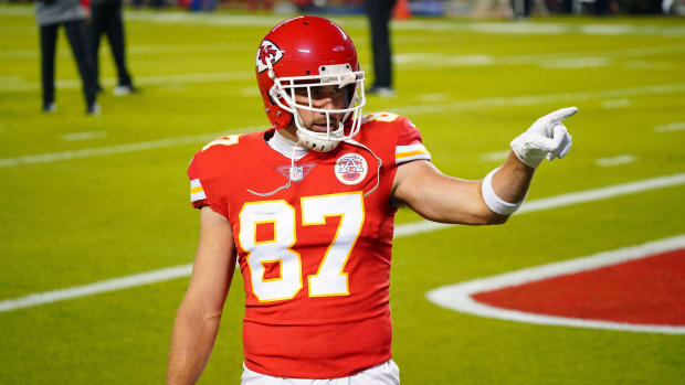Dec 6, 2020; Kansas City, Missouri, USA; Kansas City Chiefs tight end Travis Kelce (87) gestures before the game against the Denver Broncos at Arrowhead Stadium. Mandatory Credit: Jay Biggerstaff-USA TODAY Sports