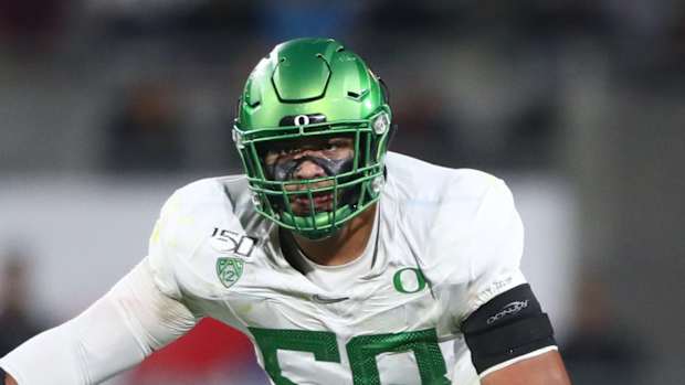 Nov 23, 2019; Tempe, AZ, USA; Oregon Ducks tackle Penei Sewell (58) against the Arizona State Sun Devils at Sun Devil Stadium. Mandatory Credit: Mark J. Rebilas-USA TODAY Sports
