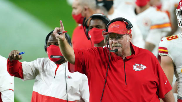 Nov 22, 2020; Paradise, Nevada, USA; Kansas City Chiefs head coach Andy Reid signals against the Las Vegas Raiders during the second half at Allegiant Stadium. Mandatory Credit: Kirby Lee-USA TODAY Sports