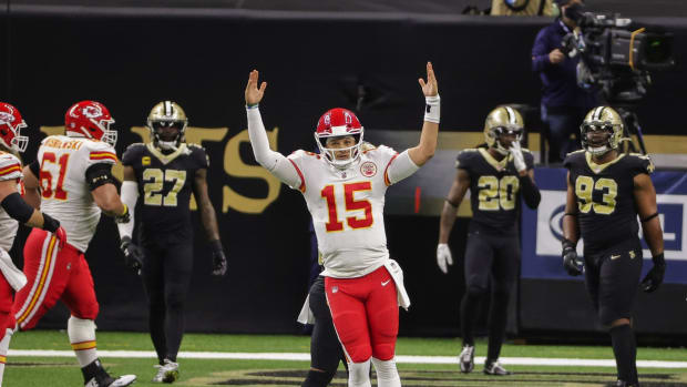 Dec 20, 2020; New Orleans, Louisiana, USA; Kansas City Chiefs quarterback Patrick Mahomes (15) celebrates after throwing a touchdown pass against the New Orleans Saints during the first quarter at the Mercedes-Benz Superdome. Mandatory Credit: Derick E. Hingle-USA TODAY Sports