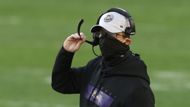 Dec 2, 2020; Pittsburgh, Pennsylvania, USA; Baltimore Ravens head coach John Harbaugh on the sidelines against the Pittsburgh Steelers during the first quarter at Heinz Field.