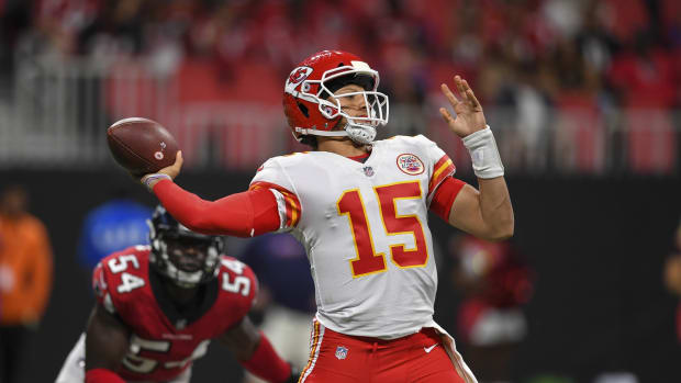 Aug 17, 2018; Atlanta, GA, USA; Kansas City Chiefs quarterback Patrick Mahomes (15) passes against the Atlanta Falcons during the first half at Mercedes-Benz Stadium. Mandatory Credit: Dale Zanine-USA TODAY Sports