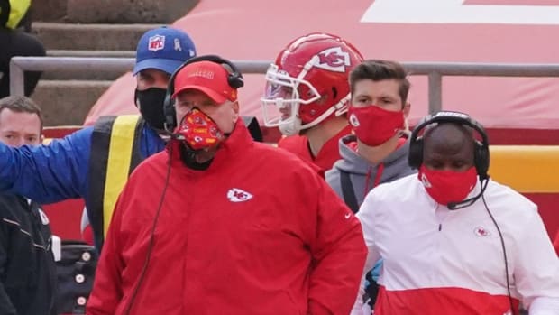 Dec 27, 2020; Kansas City, MO, USA; Kansas City Chiefs head coach Andy Reid watches against the Atlanta Falcons in the first half of a NFL game at Arrowhead Stadium. Mandatory Credit: Denny Medley-USA TODAY Sports