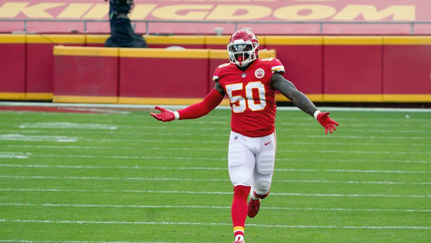 Nov 8, 2020; Kansas City, Missouri, USA; Kansas City Chiefs linebacker Willie Gay Jr. (50) is introduced before the game against the Carolina Panthers at Arrowhead Stadium. Mandatory Credit: Denny Medley-USA TODAY Sports