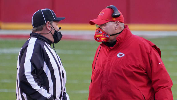 Dec 27, 2020; Kansas City, MO, USA; Kansas City Chiefs head coach Andy Reid talks to an official in the fourth quarter against the Atlanta Falcons at Arrowhead Stadium. Mandatory Credit: Denny Medley-USA TODAY Sports