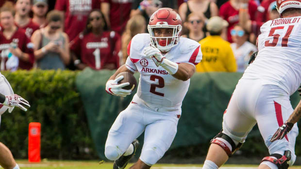 Arkansas Razorbacks running back Chase Hayden (2) rushes against the South Carolina Gamecocks in the first half at Williams-Brice Stadium.