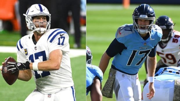 Philip Rivers of the Indianapolis Colts (left) and Ryan Tannehill of the Tennessee Titans. Syndication: The Indianapolis Star. © Scott Horner/IndyStar photo illustration via Imagn Content Services, LLC