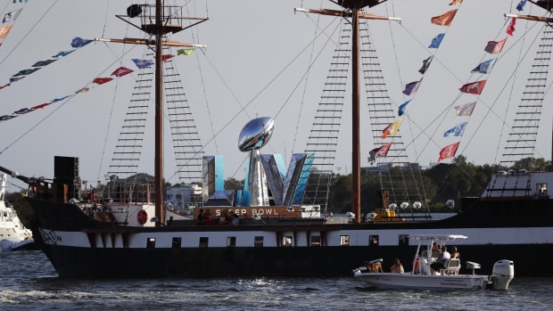 Jan 31, 2021; Tampa, Florida, USA; A general view of the pirate ship for Super Bowl LV in downtown Tampa.