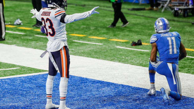 Chicago Bears cornerback Jaylon Johnson celebrates an incomplete pass intended for Detroit Lions receiver Marvin Jones on the final play of the Lions' 27-23 loss at Ford Field, Sunday, Sept. 13, 2020.