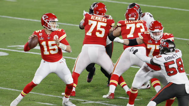 Feb 7, 2020; Tampa, FL, USA; Kansas City Chiefs quarterback Patrick Mahomes (15) drops back to pass against the Tampa Bay Buccaneers during the second quarter of Super Bowl LV at Raymond James Stadium. Mandatory Credit: Kim Klement-USA TODAY Sports