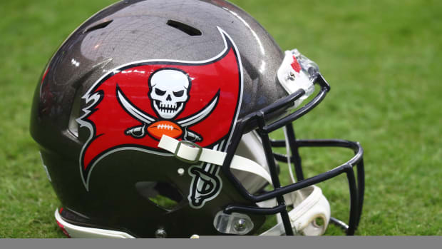 Oct 25, 2020; Paradise, Nevada, USA; Detailed view of a Tampa Bay Buccaneers helmet against the Las Vegas Raiders at Allegiant Stadium. Mandatory Credit: Mark J. Rebilas-USA TODAY Sports