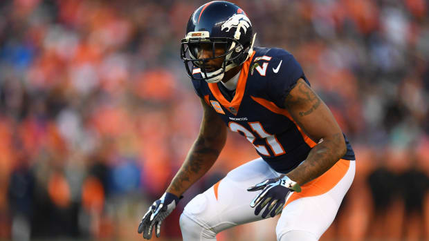 Denver Broncos cornerback Aqib Talib (21) during the second half against the New York Jets at Sports Authority Field at Mile High.
