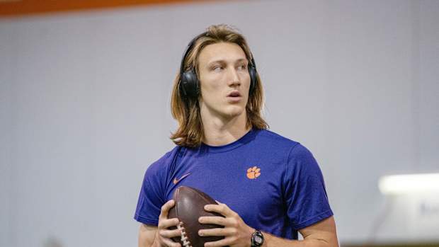 Feb 12, 2021; Clemson, SC, USA; Clemson Tigers quarterback Trevor Lawrence works out during Pro Day in Clemson, South Carolina. Mandatory Credit: David Platt/Handout Photo via USA TODAY Sports