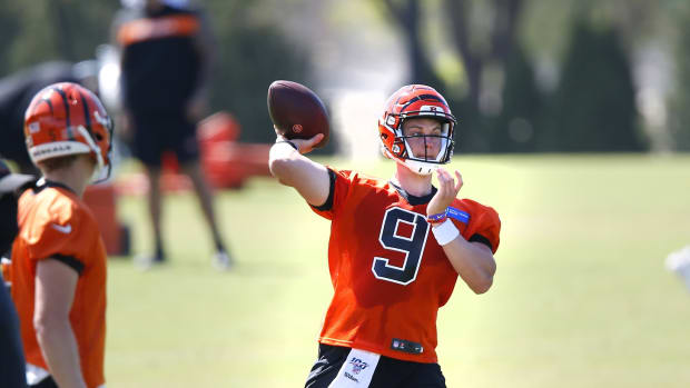 Aug 17, 2020; Cincinnati, Ohio, USA; Cincinnati Bengals rookie quarterback Joe Burrow(9) drops to throw during training camp at the teams practice facility. Mandatory Credit: Joseph Maiorana-USA TODAY Sports