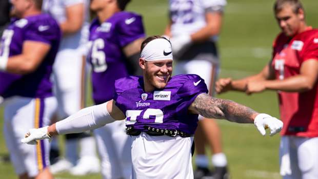 Aug 18, 2020; Eagan, Minnesota, United States; Minnesota Vikings tight end Kyle Rudolph (82) warms up at training camp at TCO Performance Center. Mandatory Credit: Brad Rempel-USA TODAY Sports