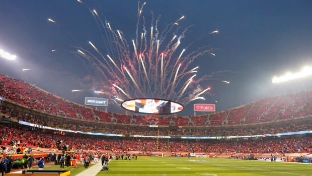 Jan 24, 2021; Kansas City, Missouri, USA; Fireworks are set off as players take the field before the game between the Kansas City Chiefs and Buffalo Bills in the AFC Championship Game at Arrowhead Stadium. Mandatory Credit: Denny Medley-USA TODAY Sports