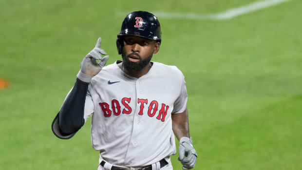 Jackie Bradley Jr. reacts after hitting a home run against the Orioles
