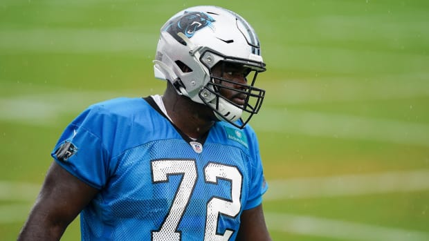 Aug 21, 2020; Charlotte, North Carolina, USA; Carolina Panthers offensive tackle Taylor Moton (72) looks on during training camp held at the Panthers training facility. Mandatory Credit: Jim Dedmon-USA TODAY Sports
