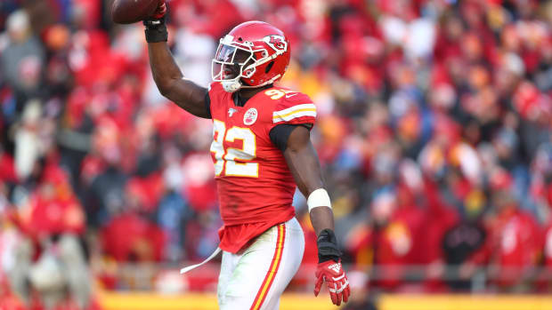 Jan 19, 2020; Kansas City, Missouri, USA; Kansas City Chiefs defensive end Tanoh Kpassagnon (92) against the Tennessee Titans in the AFC Championship Game at Arrowhead Stadium. Mandatory Credit: Mark J. Rebilas-USA TODAY Sports