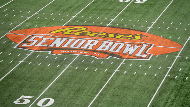 Jan 27, 2018; Mobile, AL, USA; General view of the Reese's center field logo during the 2018 Senior Bowl at Ladd-Peebles Stadium.