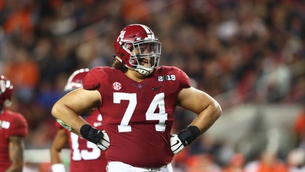 Jan 7, 2019; Santa Clara, CA, USA; Alabama Crimson Tide tackle Jedrick Wills Jr (74) against the Clemson Tigers in the 2019 College Football Playoff Championship game at Levi's Stadium.