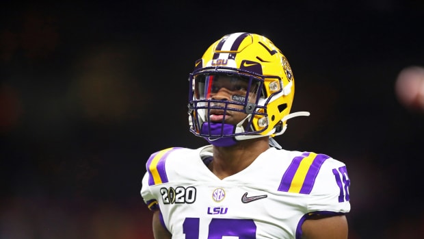 Jan 13, 2020; New Orleans, Louisiana, USA; LSU Tigers linebacker K'Lavon Chaisson (18) against the Clemson Tigers in the College Football Playoff national championship game at Mercedes-Benz Superdome.