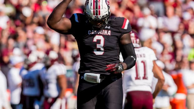 Oct 13, 2018; Columbia, SC, USA; South Carolina Gamecocks defensive lineman Javon Kinlaw (3) celebrates a play against the Texas A&M Aggies in the first quarter at Williams-Brice Stadium. Mandatory Credit: Jeff Blake-USA TODAY Sports