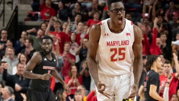 Maryland Terrapins forward Jalen Smith (25) reacts after making a three point shot during the first half against the Rutgers Scarlet Knights at XFINITY Center.