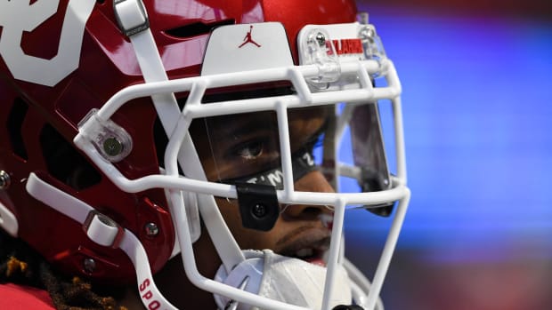 Dec 28, 2019; Atlanta, Georgia, USA; Oklahoma Sooners wide receiver CeeDee Lamb (2) warms up before the 2019 Peach Bowl college football playoff semifinal game between the LSU Tigers and the Oklahoma Sooners at Mercedes-Benz Stadium.