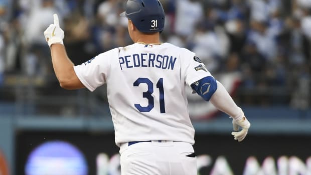 Oct 9, 2019; Los Angeles, CA, USA; Los Angeles Dodgers right fielder Joc Pederson (31) reacts during the first inning in game five of the 2019 NLDS playoff baseball series against the Washington Nationals at Dodger Stadium.
