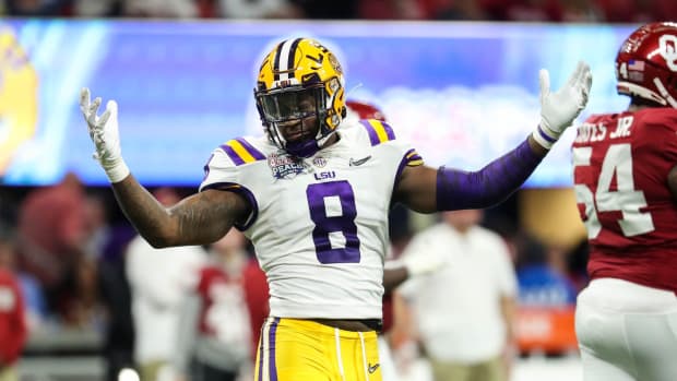Dec 28, 2019; Atlanta, Georgia, USA; LSU Tigers linebacker Patrick Queen (8) reacts during the second quarter of the 2019 Peach Bowl college football playoff semifinal game against the Oklahoma Sooners at Mercedes-Benz Stadium.
