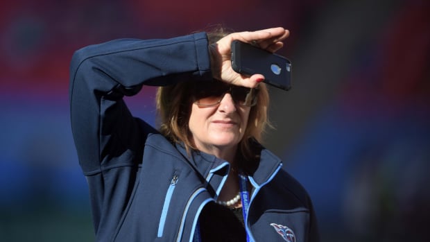 Tennessee Titans owner Amy Adams Strunk reacts during an NFL International Series game against the Los Angeles Chargers at Wembley Stadium.