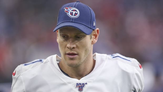 Tennessee Titans quarterback Ryan Tannehill (17) walks the sidelines while the Houston Texans play against the Tennessee Titans in the first quarter at NRG Stadium.