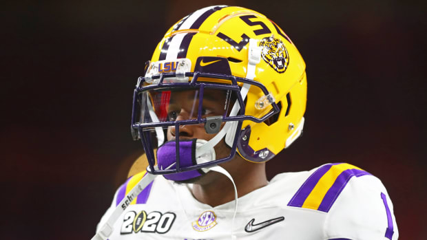 Jan 13, 2020; New Orleans, Louisiana, USA; LSU Tigers cornerback Kristian Fulton (1) against the Clemson Tigers in the College Football Playoff national championship game at Mercedes-Benz Superdome.