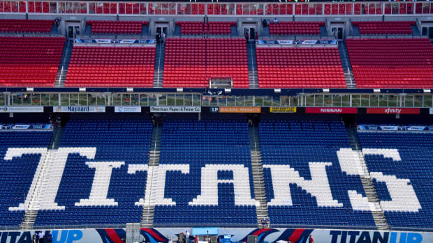 A general view of the Titans logo inside Nissan Stadium prior to the game between the Tennessee Titans and the Indianapolis Colts.