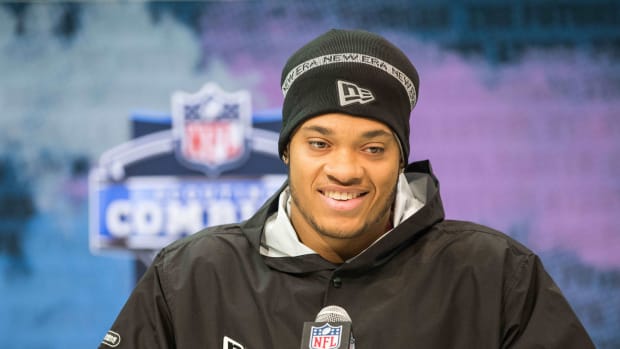 Feb 27, 2020; Indianapolis, Indiana, USA; Penn State defensive lineman Yetur Gross-Matos (DL29) speaks to the media during the 2020 NFL Combine in the Indianapolis Convention Center.