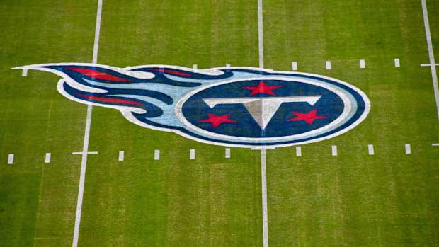 Tennessee Titans logo at mid field prior to the game against the Los Angeles Rams at Nissan Stadium.