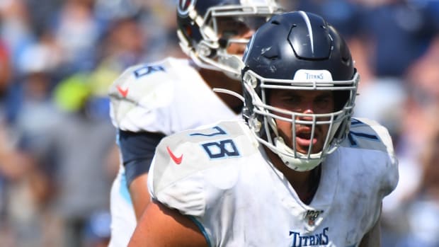Tennessee Titans offensive tackle Jack Conklin (78) waits for the snap during the second half against the Indianapolis Colts at Nissan Stadium.