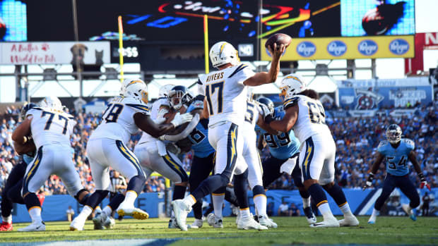 Los Angeles Chargers quarterback Philip Rivers (17) attempts a pass during the first half against the Tennessee Titans at Nissan Stadium.