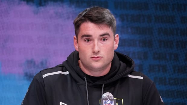 Feb 26, 2020; Indianapolis, Indiana, USA; Auburn Tigers lineman Jack Driscoll (14) during the NFL Scouting Combine at the Indiana Convention Center.
