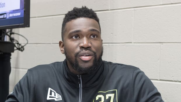 Feb 26, 2020; Indianapolis, Indiana, USA; Connecticut offensive lineman Matt Peart (OL37) speaks to the media during the 2020 NFL Combine in the Indianapolis Convention Center.