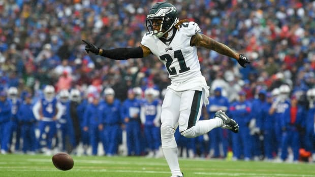 Philadelphia Eagles cornerback Ronald Darby celebrates a defensive play against the Buffalo Bills during the third quarter at New Era Field.