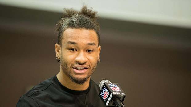 Feb 28, 2020; Indianapolis, Indiana, USA; Utah defensive back Julian Blackmon (DB36) speaks to the media during the 2020 NFL Combine in the Indianapolis Convention Center.